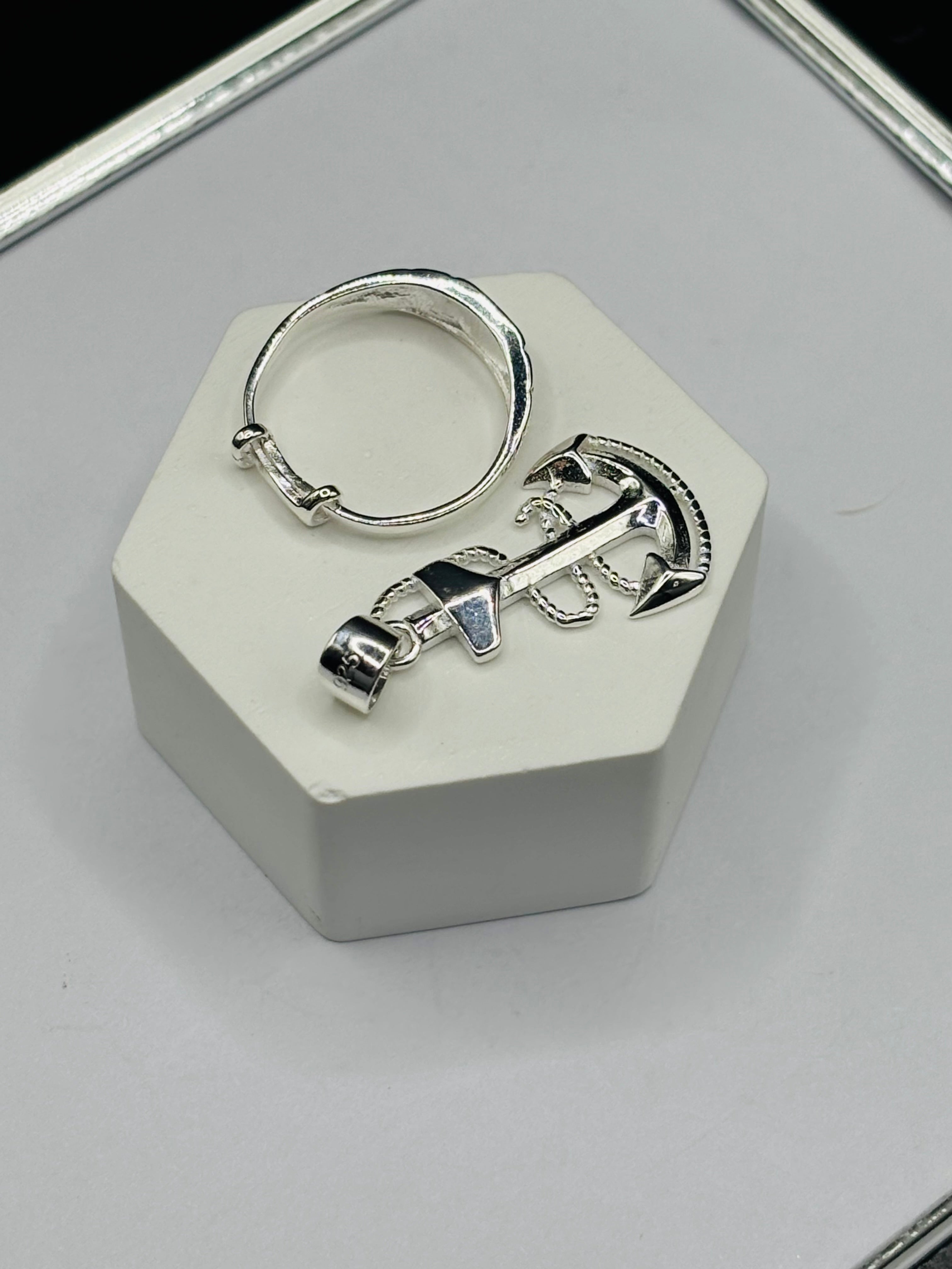S925 Silver Anchor Ring and Pendant Kids Set