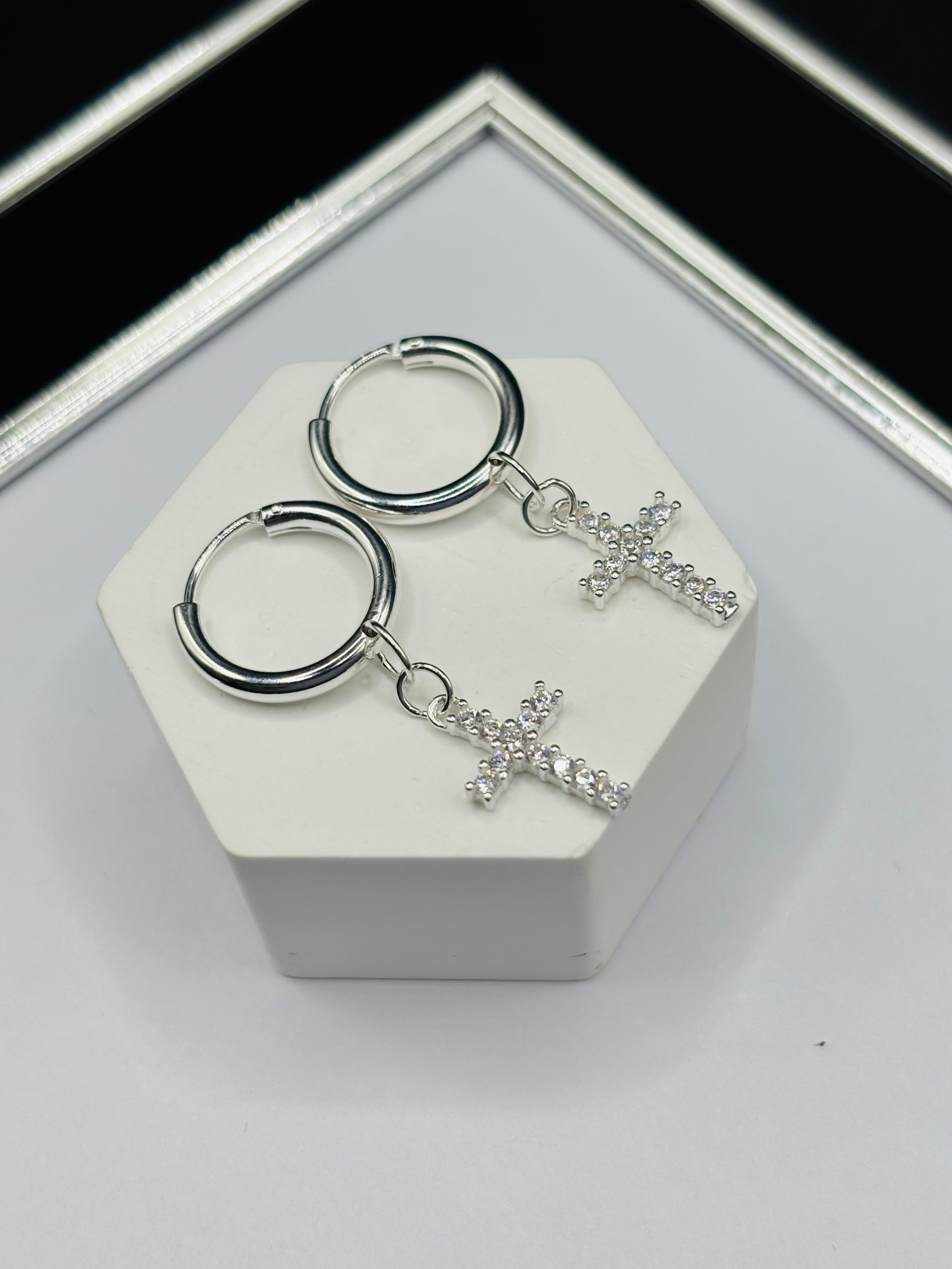 S925 Silver Loop Cross Stone Dangling Earrings