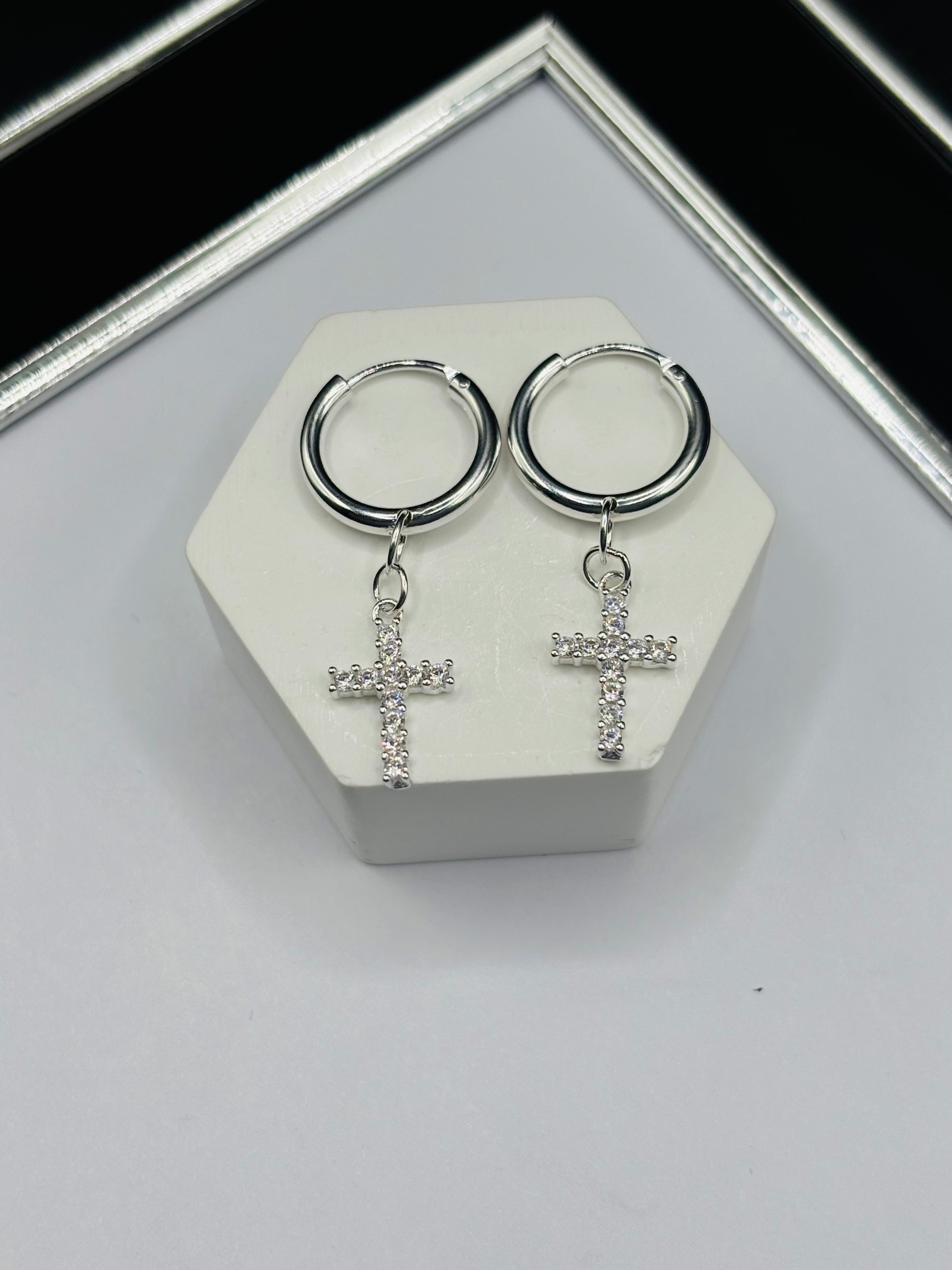 S925 Silver Loop Cross Stone Dangling Earrings