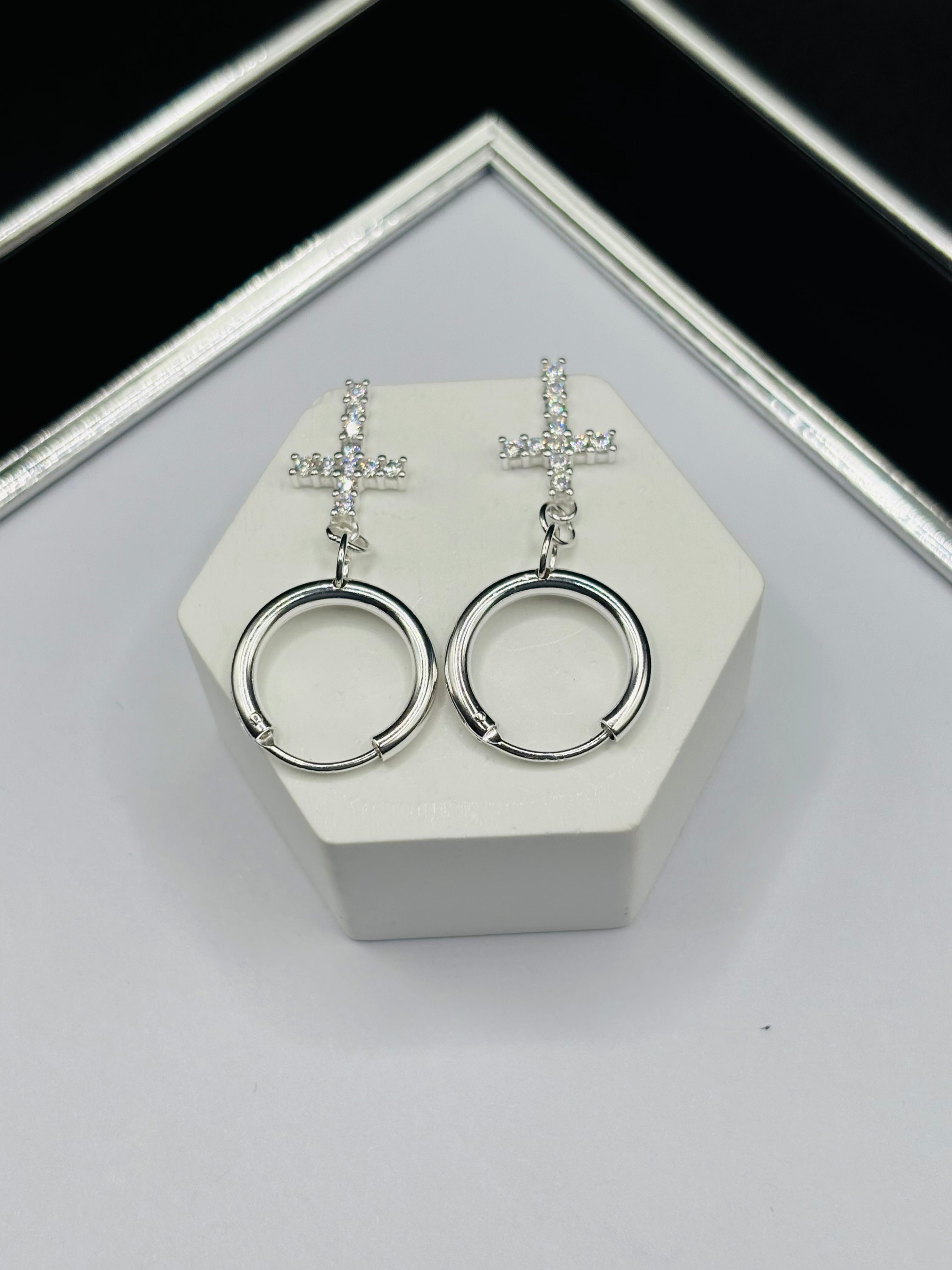 S925 Silver Loop Cross Stone Dangling Earrings