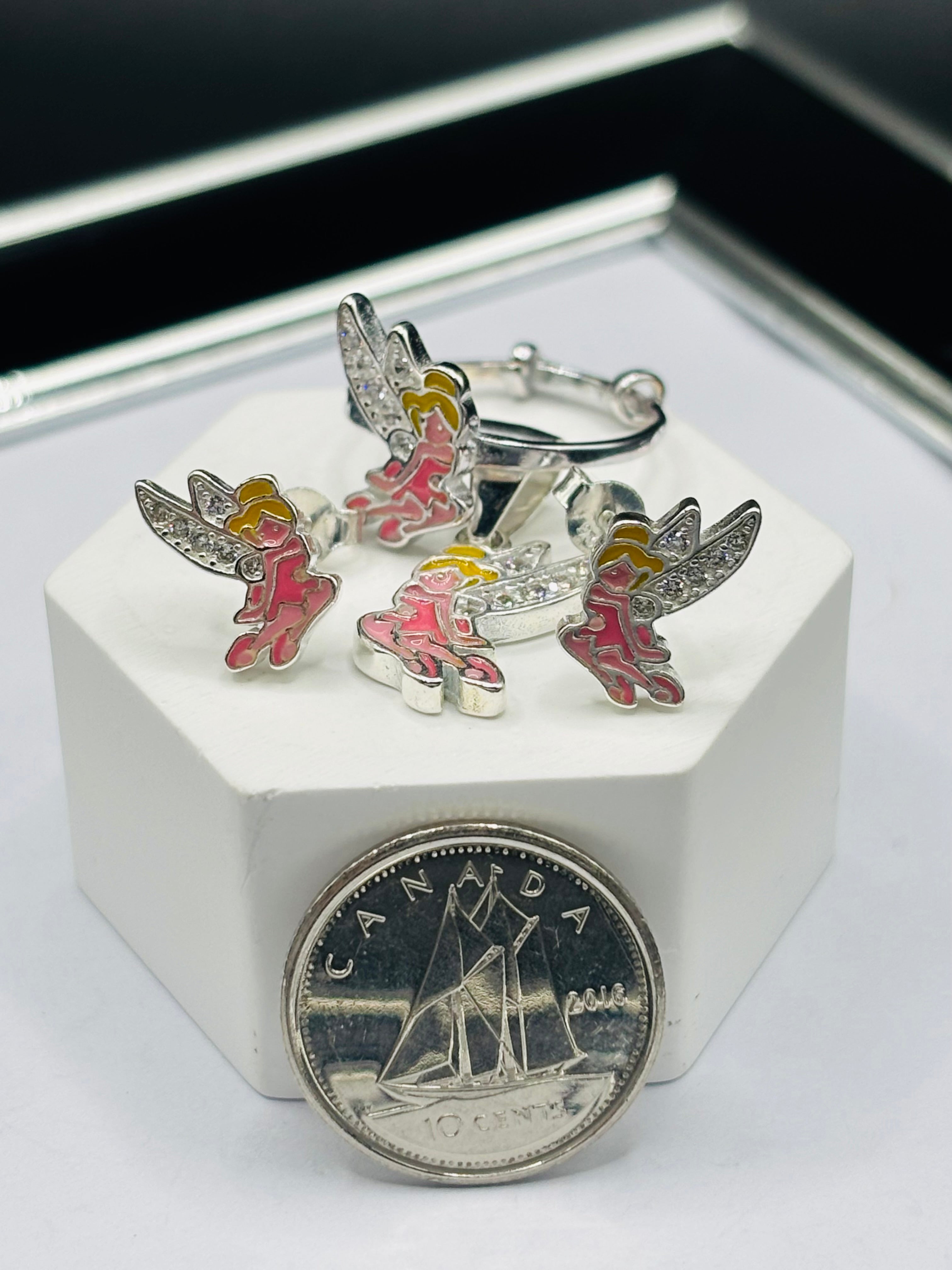 S925 Silver Fairy Ring, Earrings and Pendant Kids Set