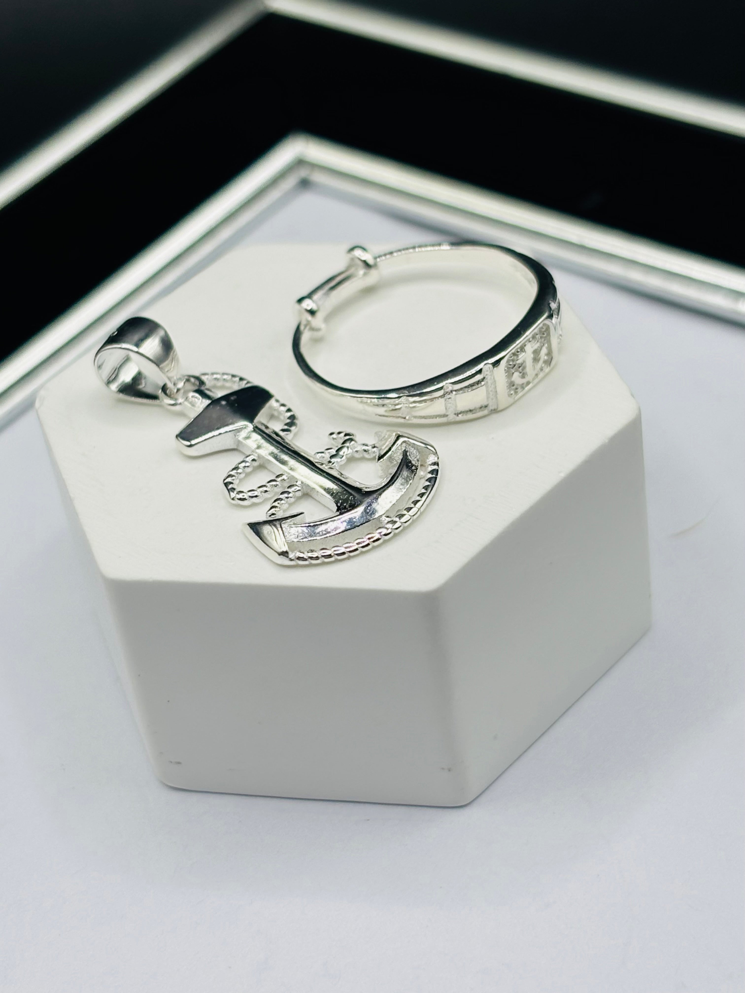 S925 Silver Anchor Ring and Pendant Kids Set