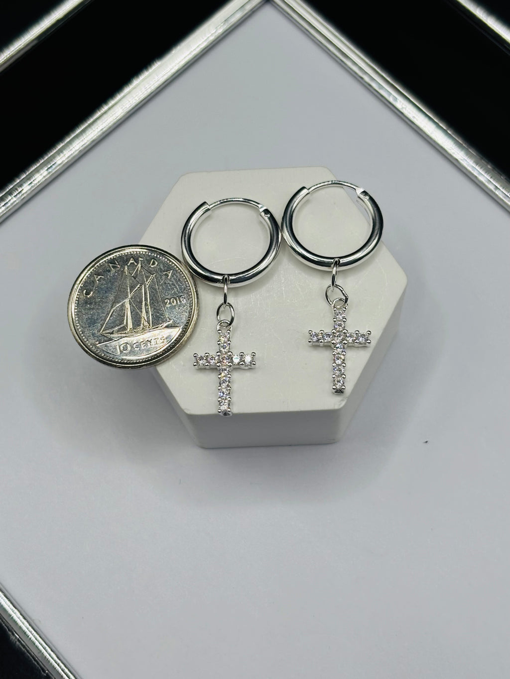 S925 Silver Loop Cross Stone Dangling Earrings