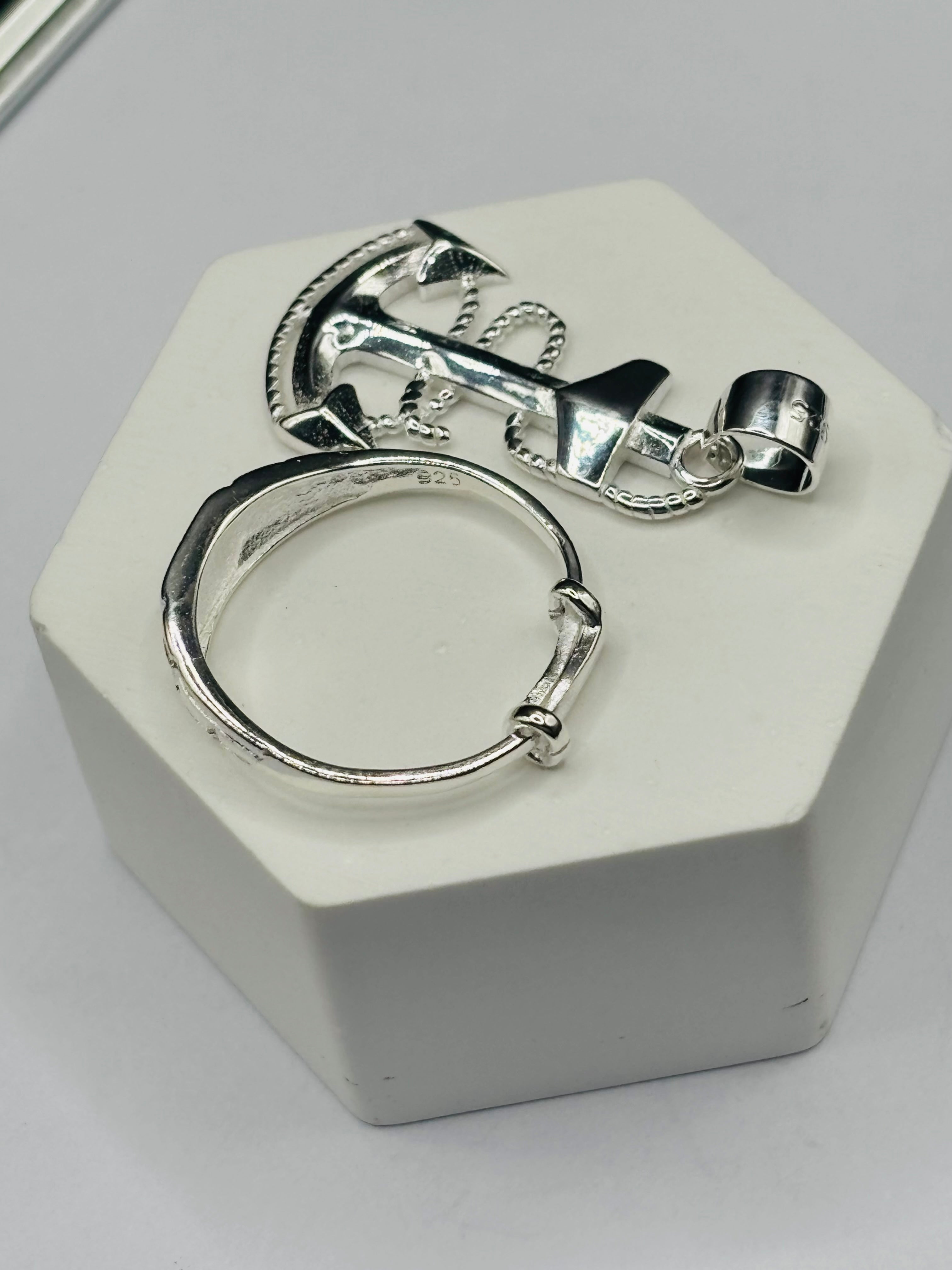 S925 Silver Anchor Ring and Pendant Kids Set